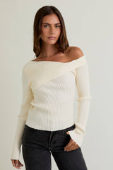ONE SHOULDER RIBBED DIFFERENCE DETAIL SWEATER TOP: H BROWN / XS