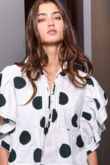 IT2337 Ruffle Sleeves Pintuck Detail Polka Dot Print top: CREAM/BLACK