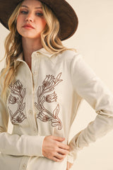 ID9321 LONG SLEEVE EMBROIDERED BUTTON DOWN SHIRT DRESS: CREAM COMBO / S