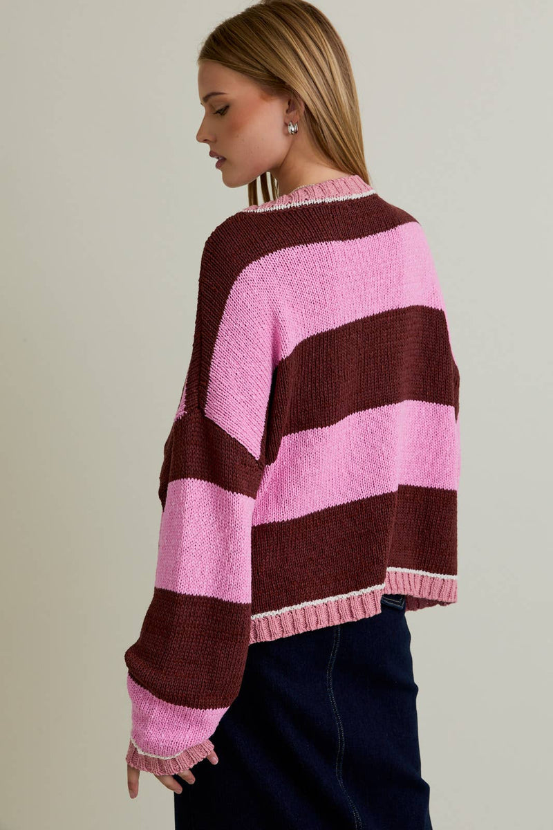 LONG SLEEVE DROP SHOULDER STRIPE SWEATER: PINK-BROWN STRIPE / XS