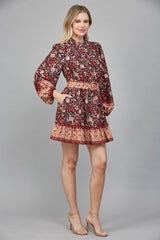 BORDER PRINT BELTED BUTTON DOWN MINI DRESS FD34104: NAVY MULTI / S