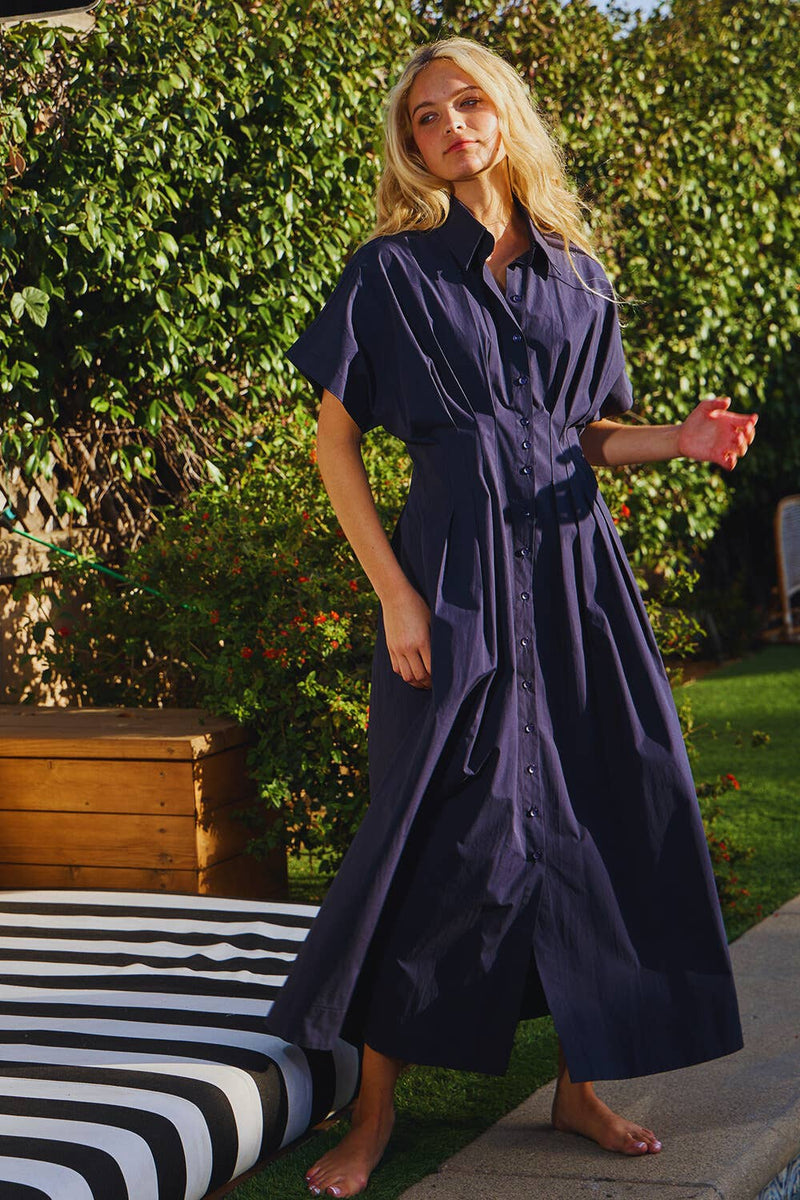 Button-Front Pleated Midi Shirt Dress
