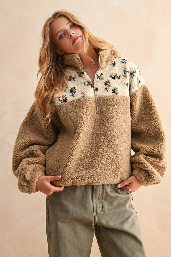 FLORAL PRINT SHERPA PULLOVER: M