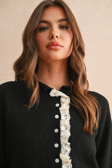 LACE TRIM KNITTED CARDIGAN: Black / M