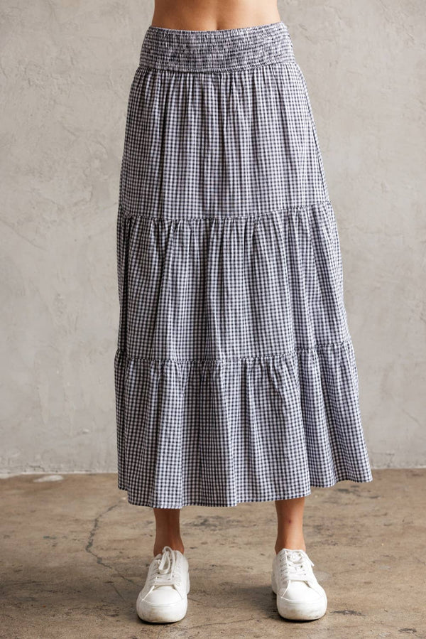 TIERED GINGHAM MIDI SKIRT L
