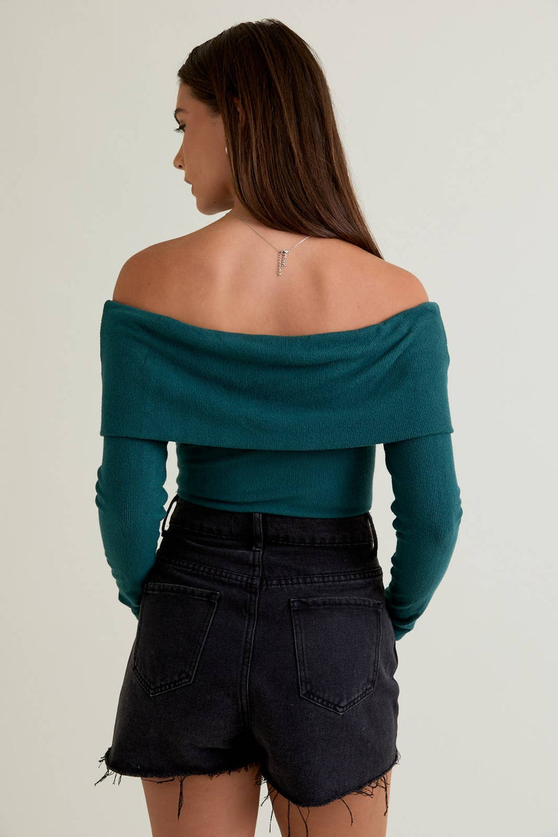OFF SHOULDER LONG SLEEVE TOP: Green / S