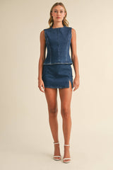 IST5697 DENIM OPEN BACK TOP WITH BOW DETAIL AND MINI SKIRT: DARK DENIM / S