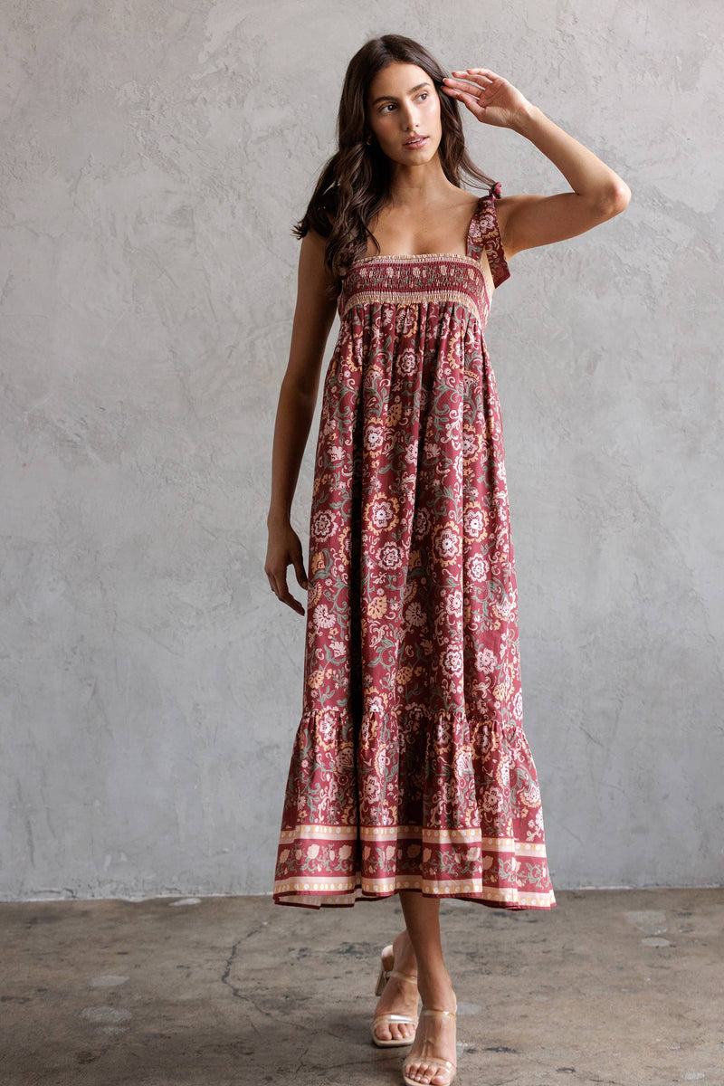 SJD7582 - MULTI FLORAL TIE MIDI DRESS: WINE MULTI FL / S