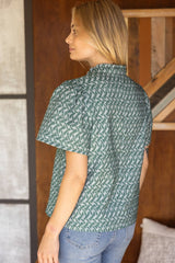 35967 Ruffled High Neck Abstract Printed Top: Dark Sage / L