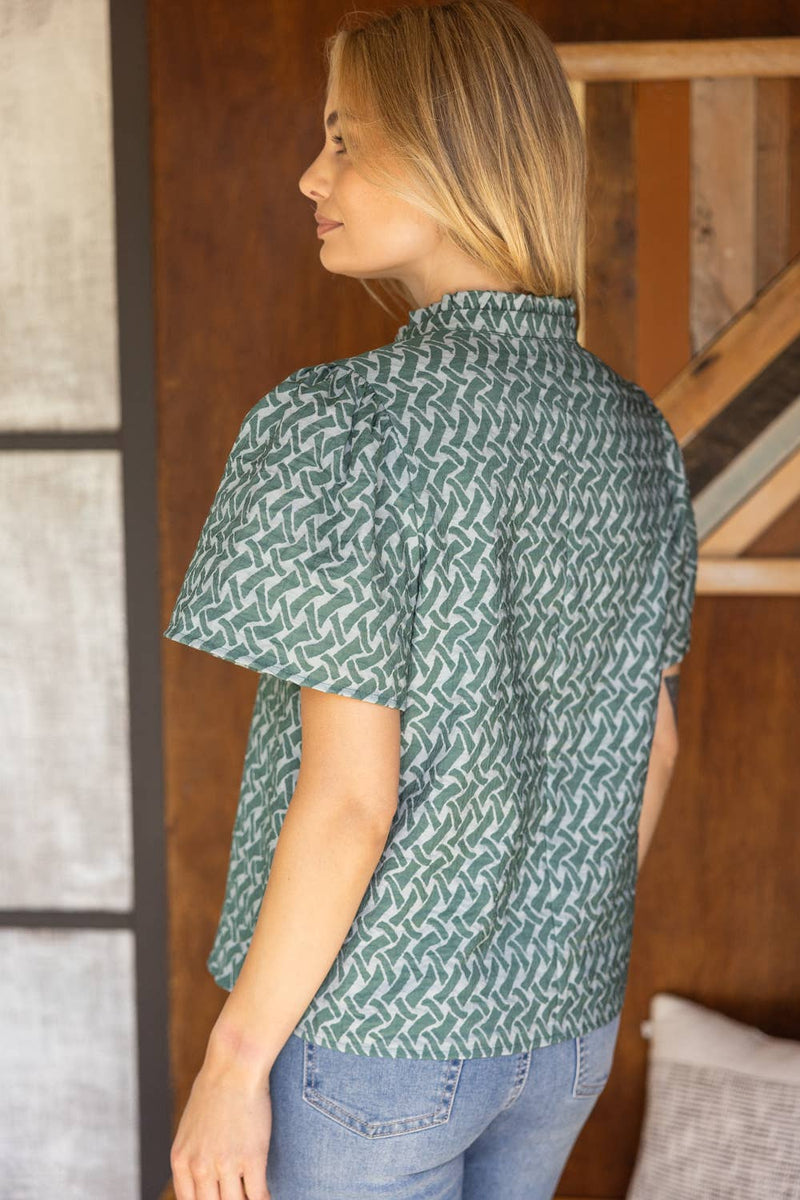 35967 Ruffled High Neck Abstract Printed Top: Dark Sage / L