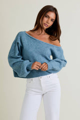 ASYMMETRICAL SHOULDER SWEATER TOP: DENIM BLUE / XS