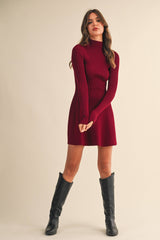 ID5527 MOCK NECK LONG SLEEVE FIT AND FLARE MINI DRESS: DK CHOCOLATE / L