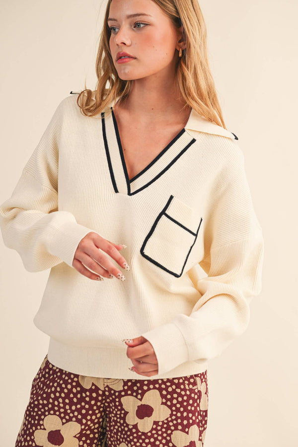 COLLARED SWEATER: Ivory Black / S