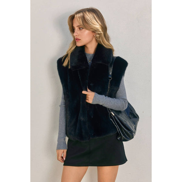 Wind Whispers Faux Fur Collared Vest: BLACK