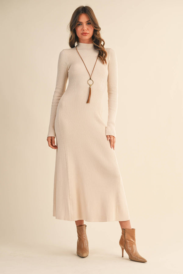ID9660 MOCK NECK LONG SLEEVE RIB KNIT FLARED MIDI DRESS: CREAM / L