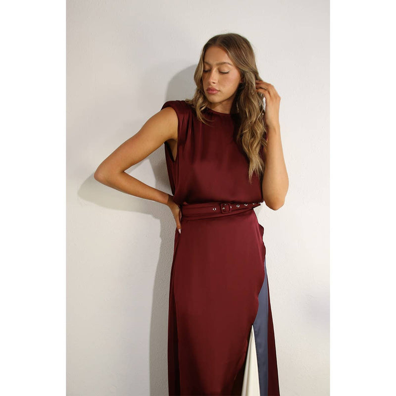 TOP AND COLOR BLOCK SKIRT: WINE / M
