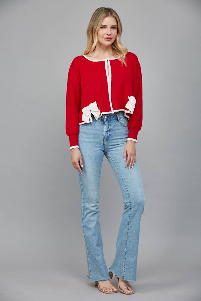 CONTRAST BOW DETAIL OPEN CARDIGAN FW90585: RED/CREAM / S