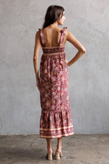 SJD7582 - MULTI FLORAL TIE MIDI DRESS: WINE MULTI FL / S