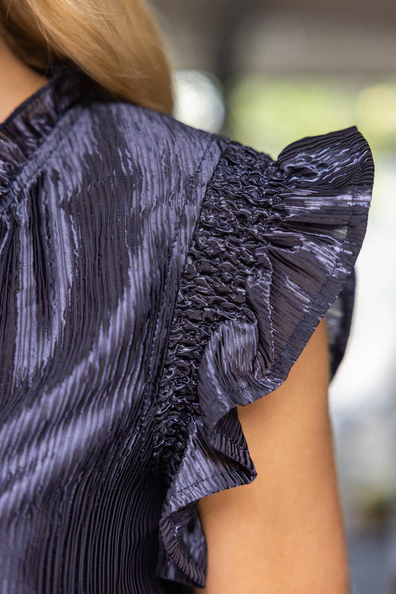 35945 Smock and Ruffle Detail Metallic Woven Top: Navy / S
