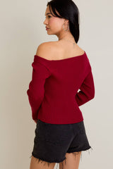 ONE SHOULDER RIBBED DIFFERENCE DETAIL SWEATER TOP: H BROWN / S