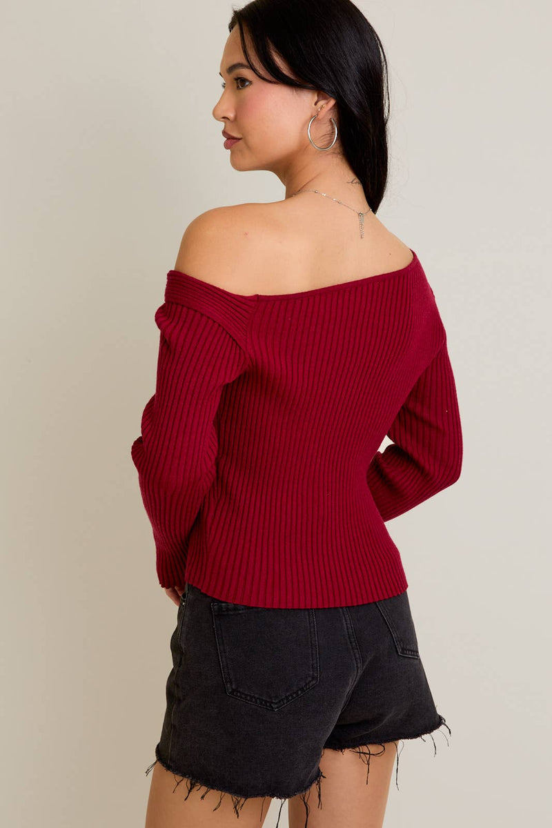 ONE SHOULDER RIBBED DIFFERENCE DETAIL SWEATER TOP: H BROWN / XS