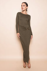 CHIC WRAP PANEL BUCKLE LONG SLEEVE MAXI DRESS-DD10840FO: NUDE / Contemporary / M