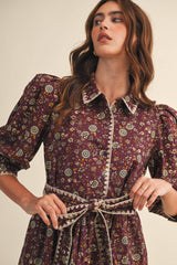 BLANKET STITCH PUFF SLEEVE FLORAL MINI DRESS MDR4173: Plum Multi Floral / L