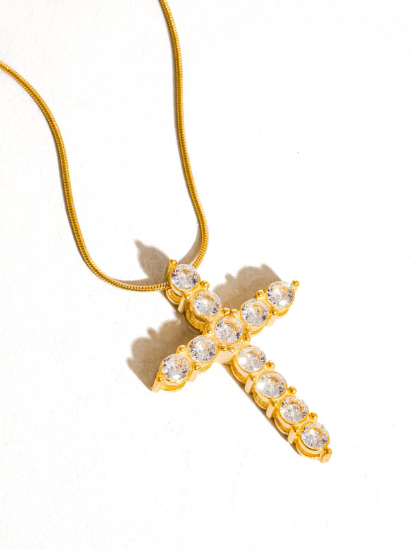 Raeven 18K Gold Non-Tarnish CZ Cross Necklace: Yellow Gold