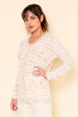CHIC FRAYED TWEED RIBBON PEARL LOOSE FIT CARDIGAN OI6288FO: WHITE/PINK / Contemporary / L