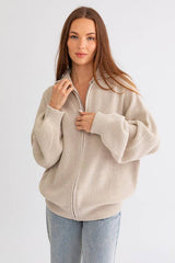 ZIP UP OVERSIZED SWEATER CARDIGAN: Taupe / XS