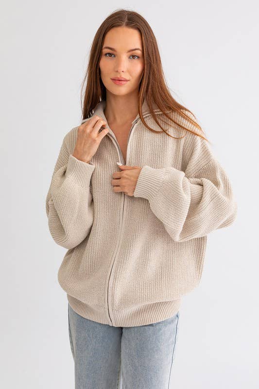 ZIP UP OVERSIZED SWEATER CARDIGAN: Taupe / M