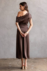 JD9203-ONE SHOULDER RUCHED MIDI DRESS: CHOCOLATE / M