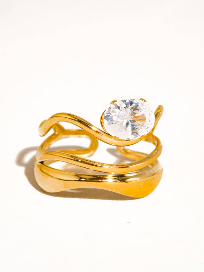 Gloire 18K Gold Non-Tarnish Abstract CZ Ring: Yellow Gold