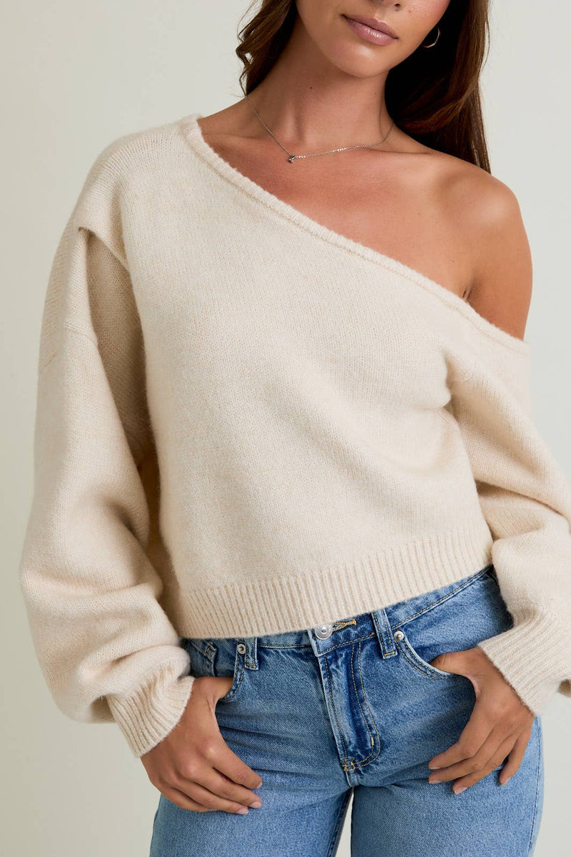 ASYMMETRICAL SHOULDER SWEATER TOP: DENIM BLUE / M