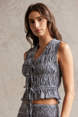SMOCKED GINGHAM TOP L