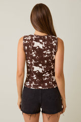 ROUND NECK SLEEVELESS KNIT TOP: WHITE-BROWN ANIMAL / M
