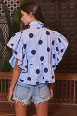 IT2337 Ruffle Sleeves Pintuck Detail Polka Dot Print top: CREAM/BLACK