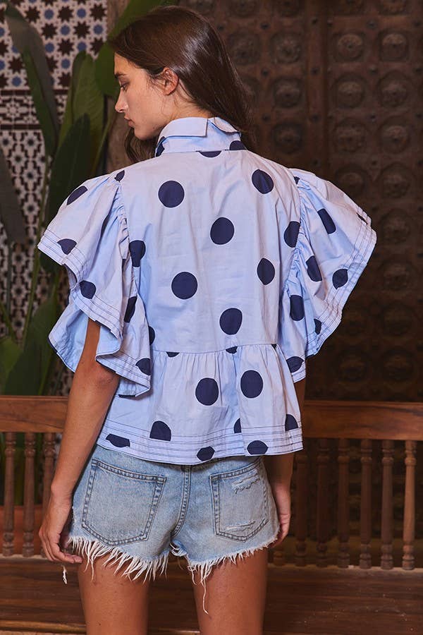 IT2337 Ruffle Sleeves Pintuck Detail Polka Dot Print top: CREAM/BLACK