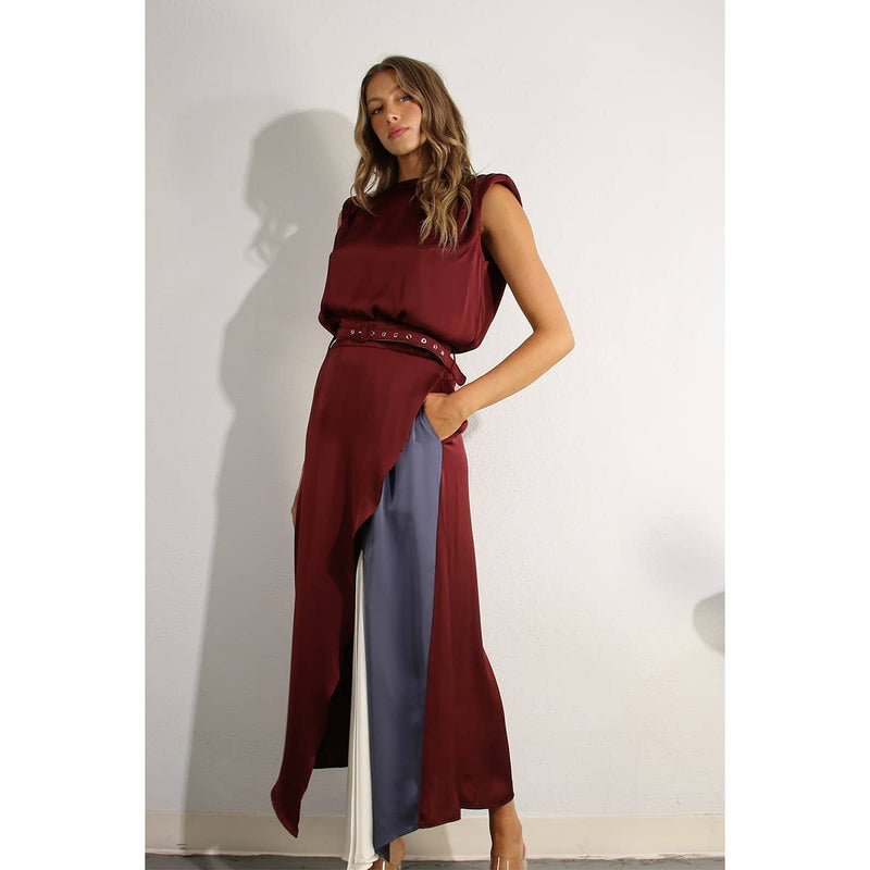 TOP AND COLOR BLOCK SKIRT: WINE / M
