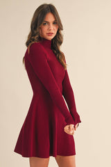 ID5527 MOCK NECK LONG SLEEVE FIT AND FLARE MINI DRESS: Burgundy / M
