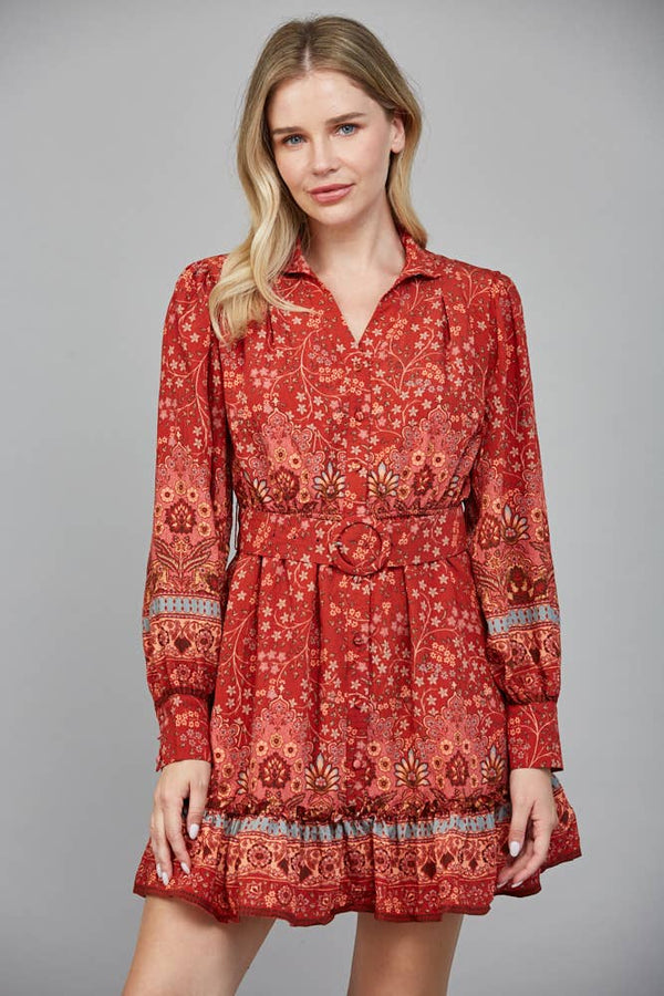 BORDER PRINT BUTTON FRONT MINI DRESS WITH SELF BELT FD34124: BRICK RED / S