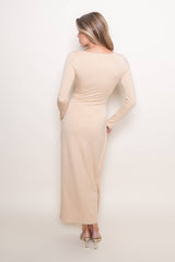 CHIC WRAP PANEL BUCKLE LONG SLEEVE MAXI DRESS-DD10840FO: NUDE / Contemporary / L