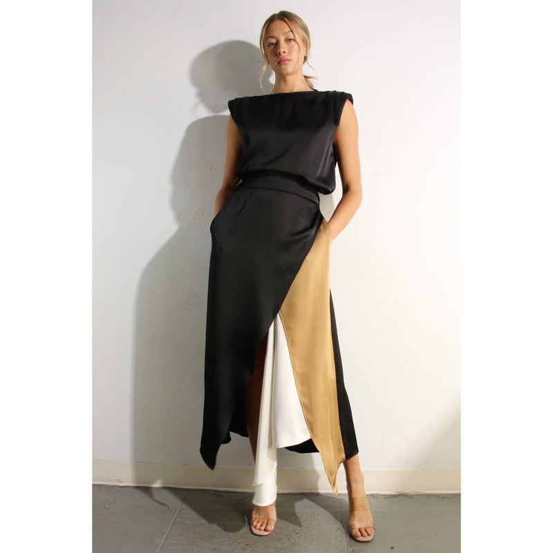 TOP AND COLOR BLOCK SKIRT: WINE / M