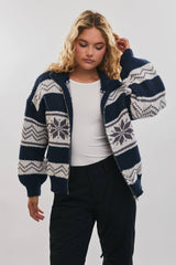 LONG SLEEVE COLLARED FAIR ISLE SWEATER JACKET: Brown-White Multi / L