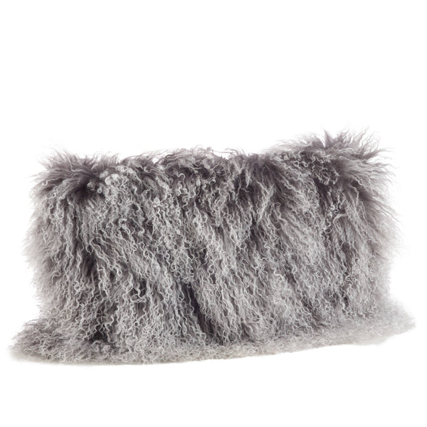 Mongolian Lamb Fur Pillow - Poly Filled: Charcoal / Polyester Insert / 12"x20"