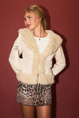 FAUX FUR TRIMMED SUEDE JACKET: Beige / XS