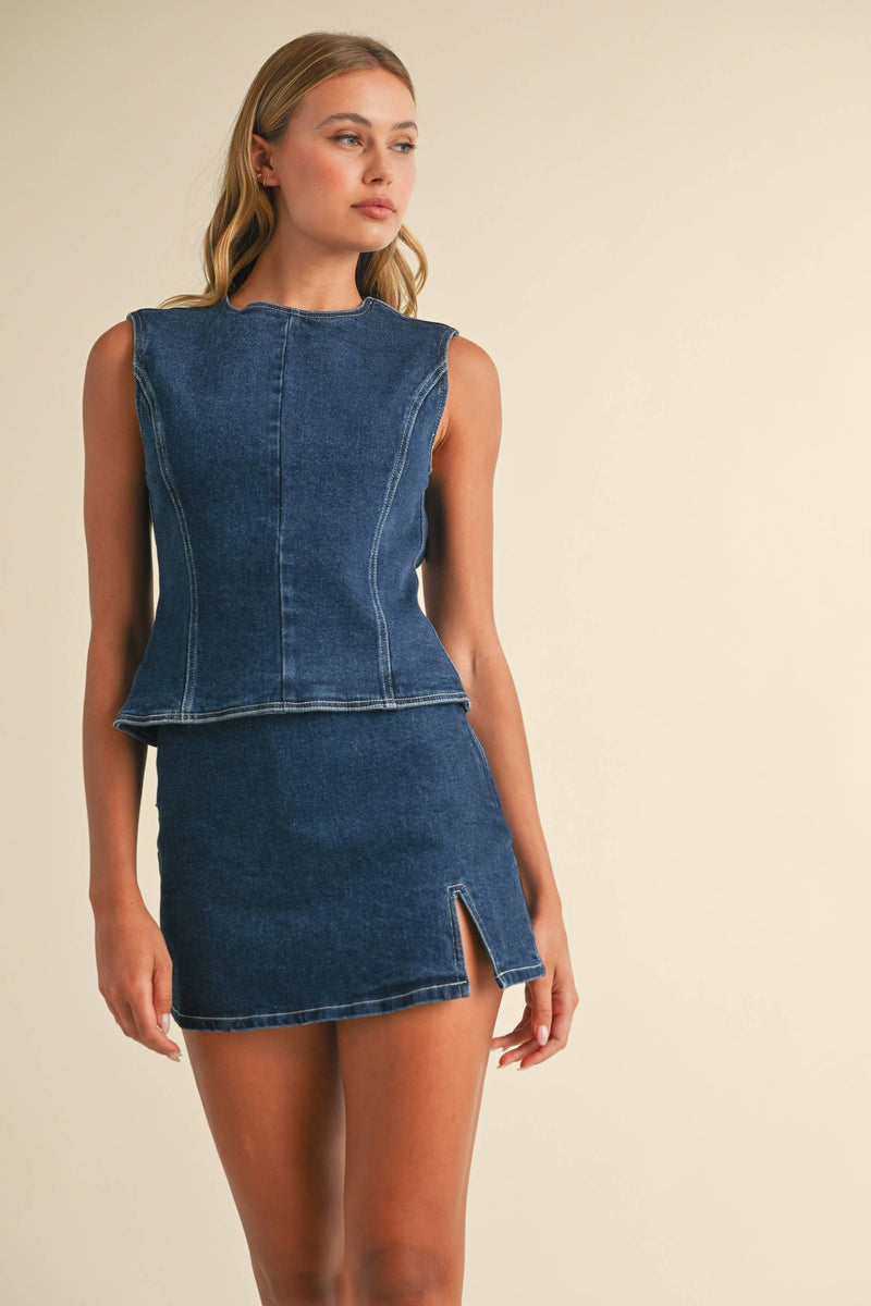 IST5697 DENIM OPEN BACK TOP WITH BOW DETAIL AND MINI SKIRT: DARK DENIM / S