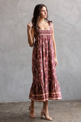 SJD7582 - MULTI FLORAL TIE MIDI DRESS: WINE MULTI FL / S