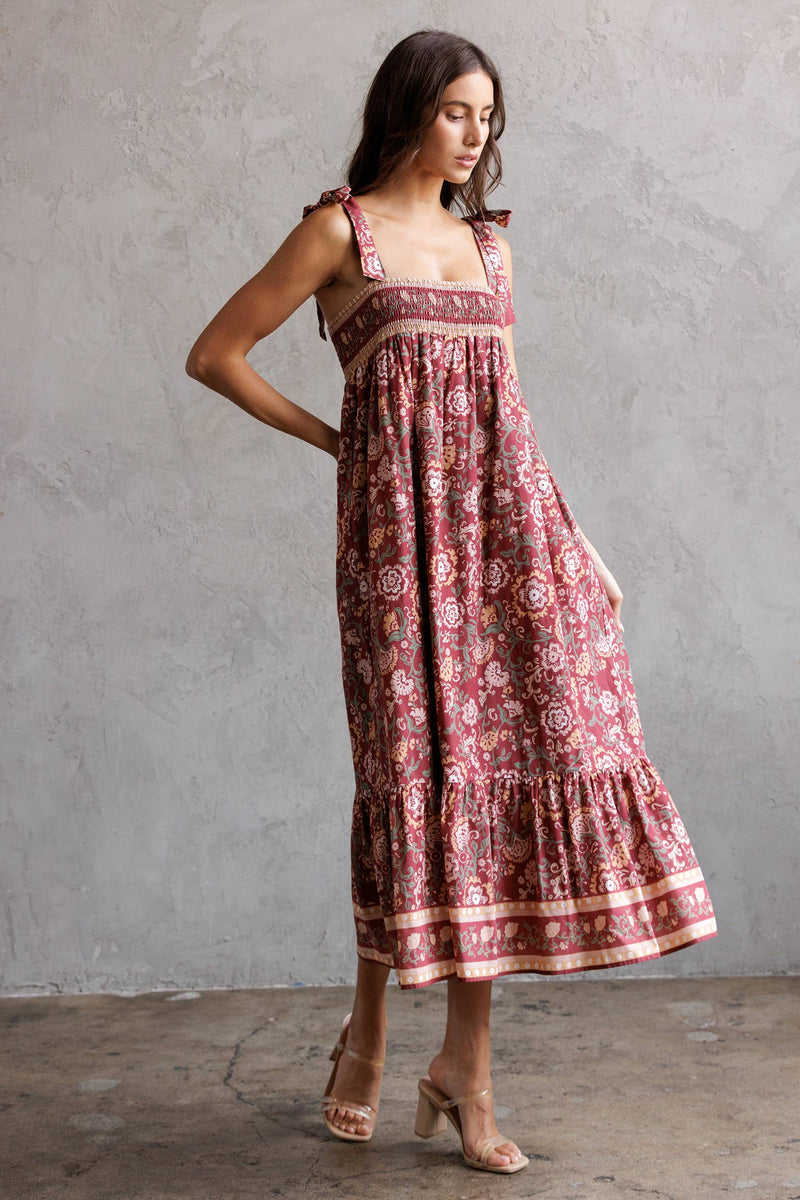 SJD7582 - MULTI FLORAL TIE MIDI DRESS: WINE MULTI FL / S