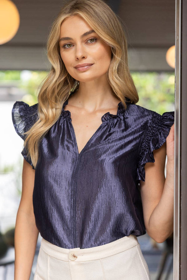 35945 Smock and Ruffle Detail Metallic Woven Top: Navy / L